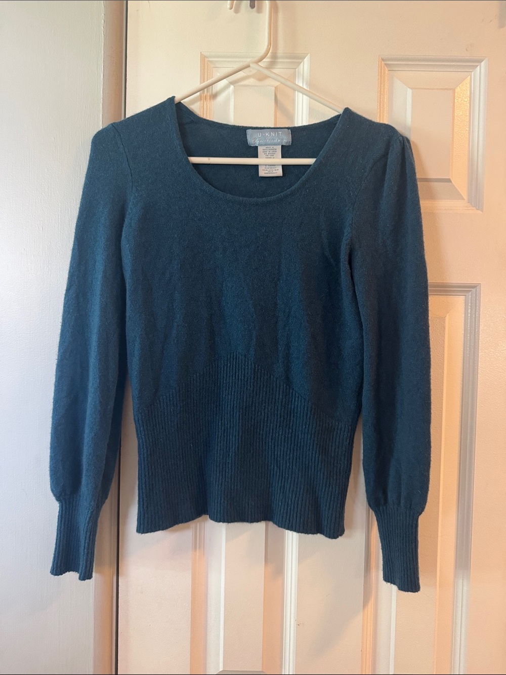 U-Knit Teal Scoopneck Ribbed Waist Sweater 100% Cashmere